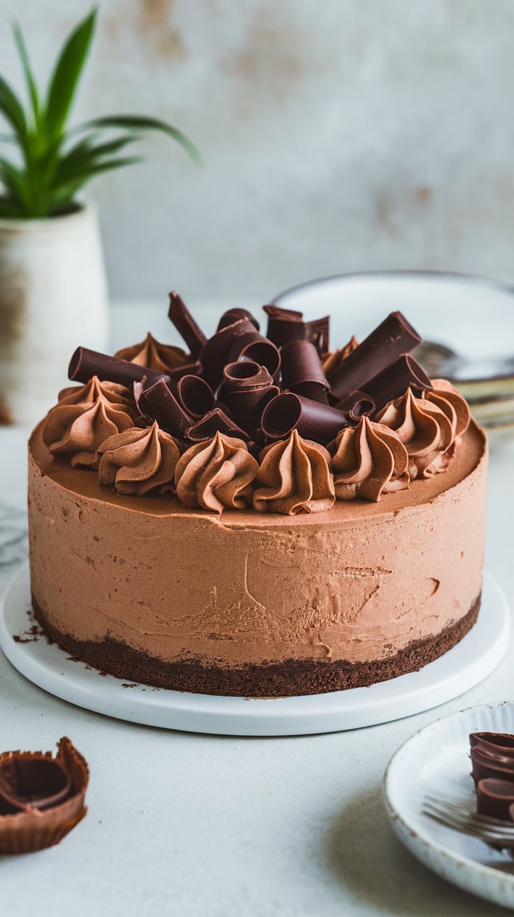 A chocolate cheesecake topped with chocolate curls on a white plate, set against a neutral background.