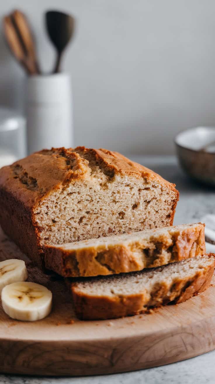 A loaf of banana bread with slices cut, placed on a wooden board with banana slices beside it.