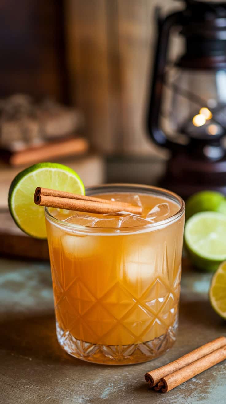 A refreshing Spiced Rum Daiquiri with cinnamon sticks and a lime garnish