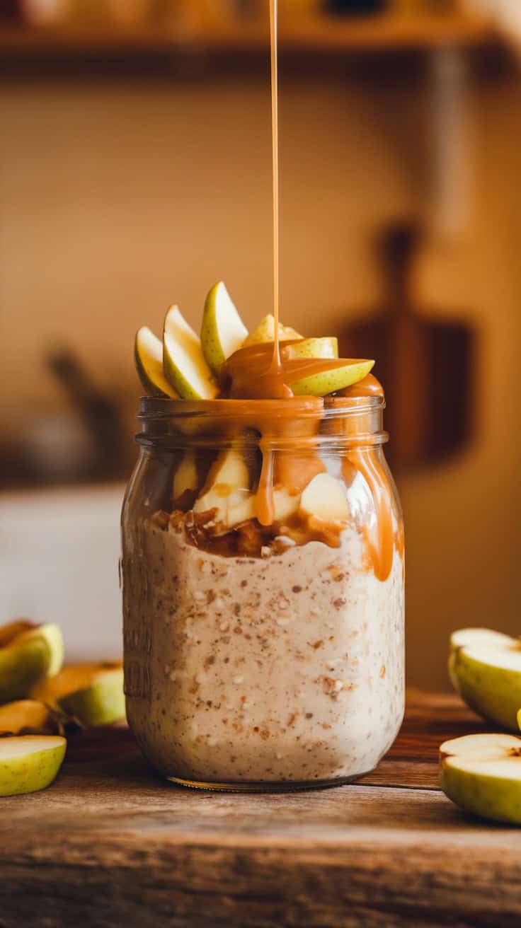 A jar of caramel apple overnight oats topped with apple slices and caramel drizzle.
