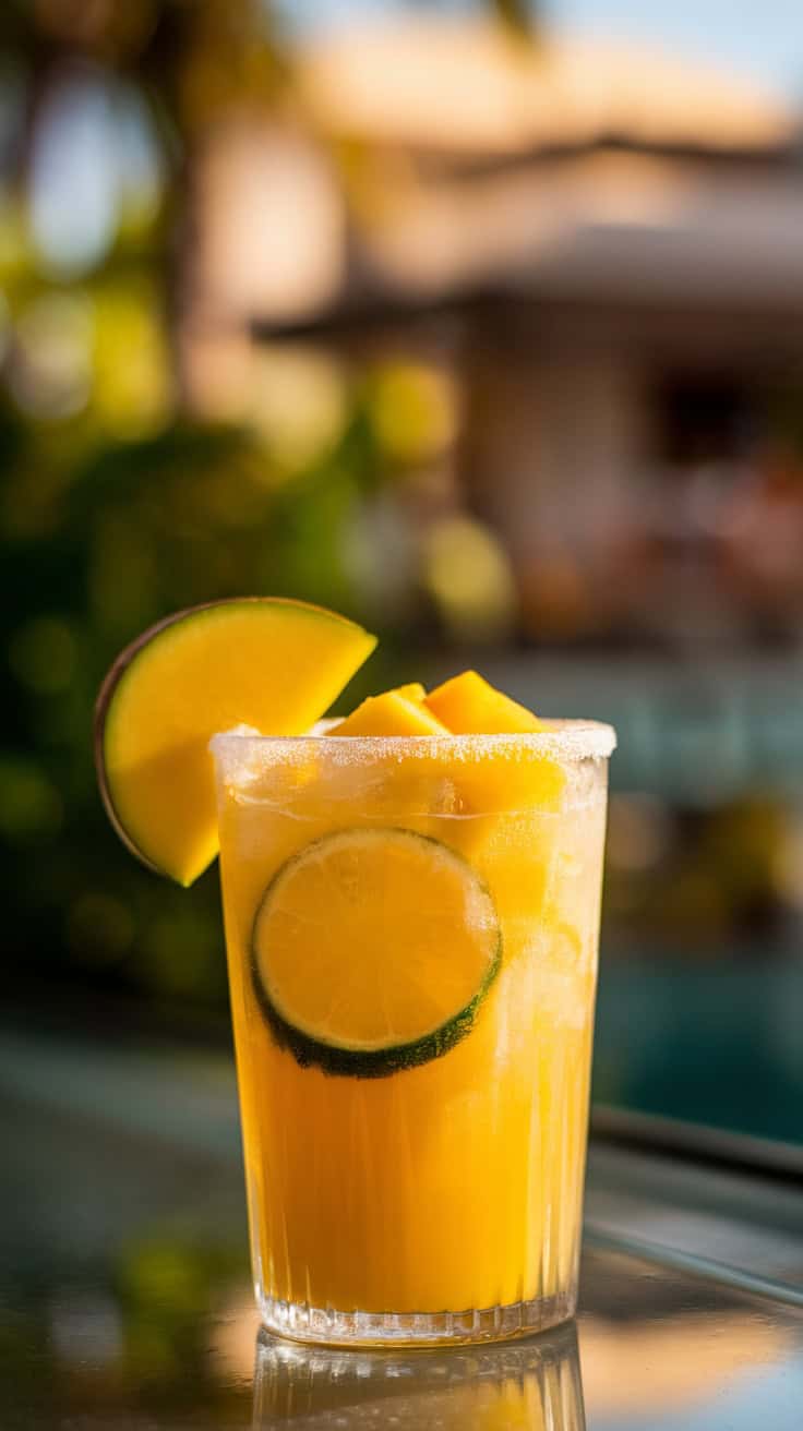 A refreshing Frozen Mango Daiquiri in a glass with lime garnishes