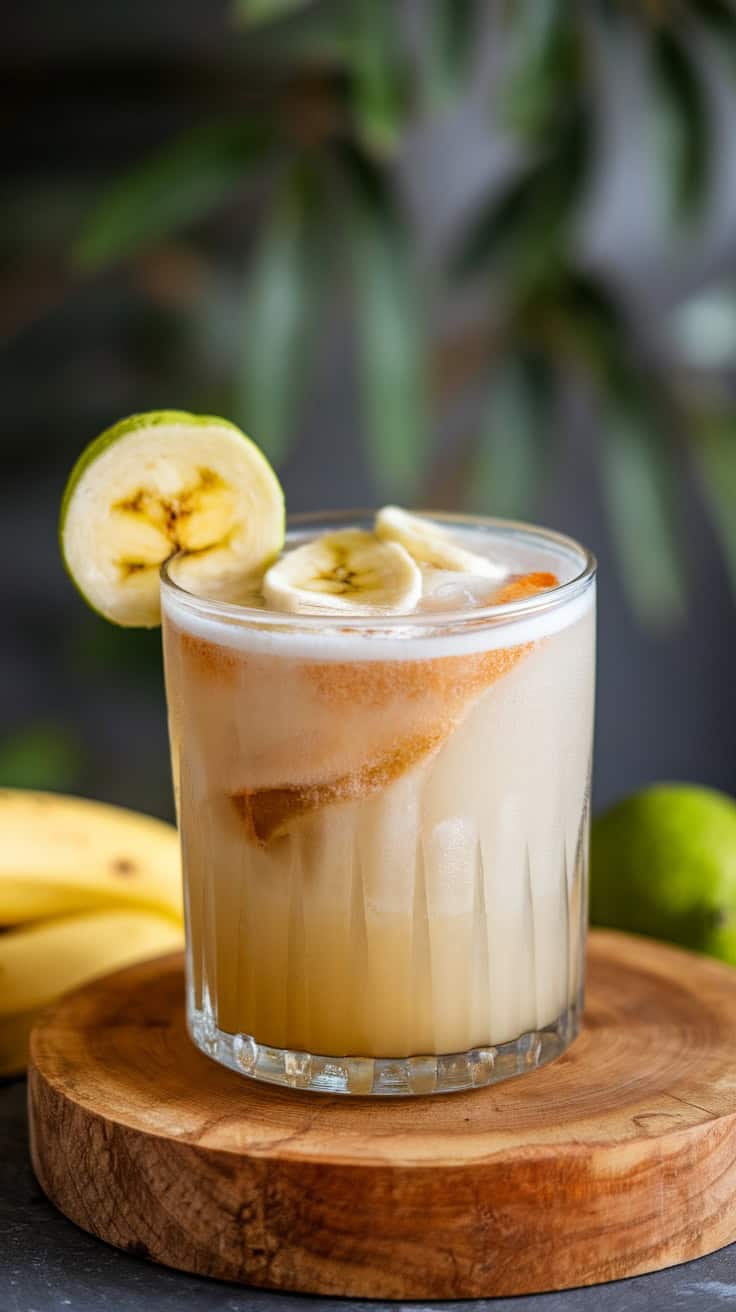 A refreshing Frozen Banana Daiquiri with banana slices and lime garnish