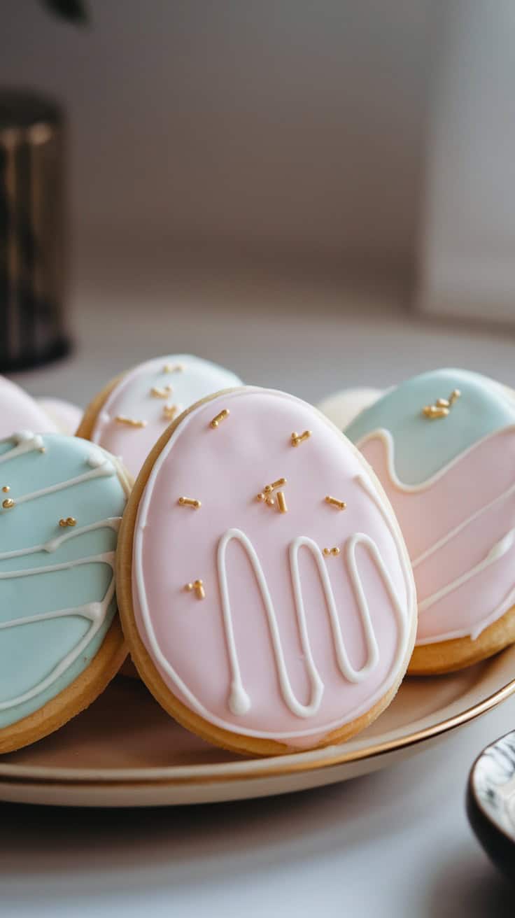 Colorful Easter egg-shaped sugar cookies decorated with icing and sprinkles