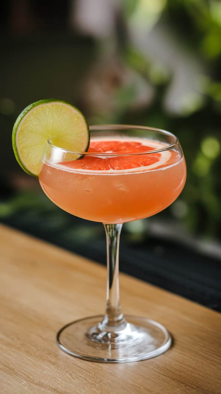 A Hemingway Daiquiri with lime and grapefruit garnish in a cocktail glass.