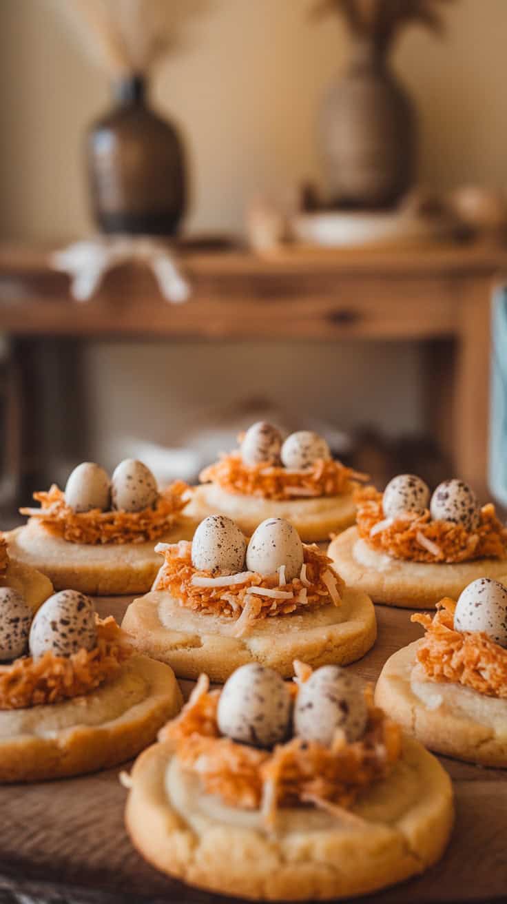 Delicious Easter Nest Sugar Cookies topped with coconut and candy eggs