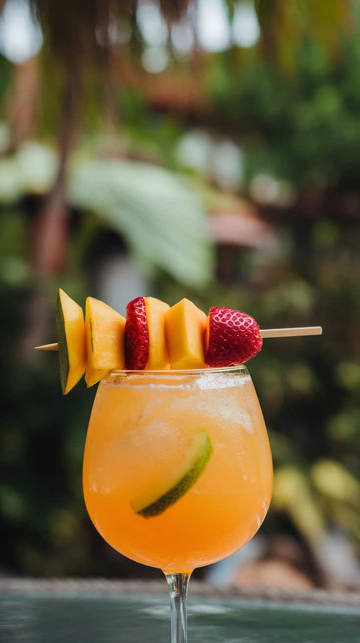 A Mango Strawberry Daiquiri garnished with fruit skewers