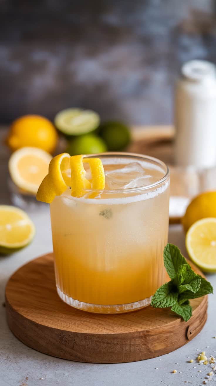 A refreshing Frozen Lemon Daiquiri garnished with lemon twists and mint leaves