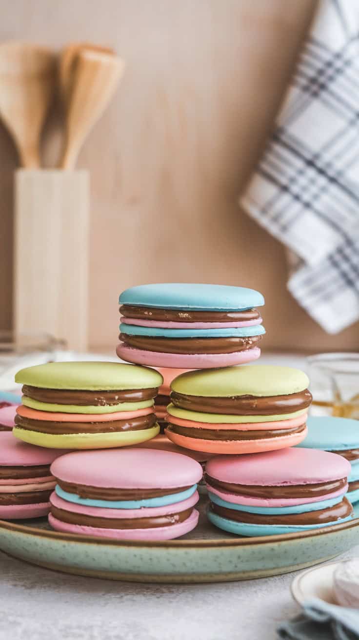 Colorful rainbow cookies stacked neatly on a plate