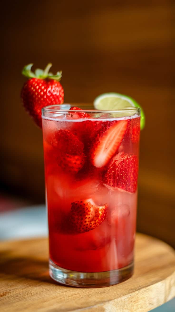 A refreshing Strawberry Daiquiri in a glass with fresh strawberries and lime slices.