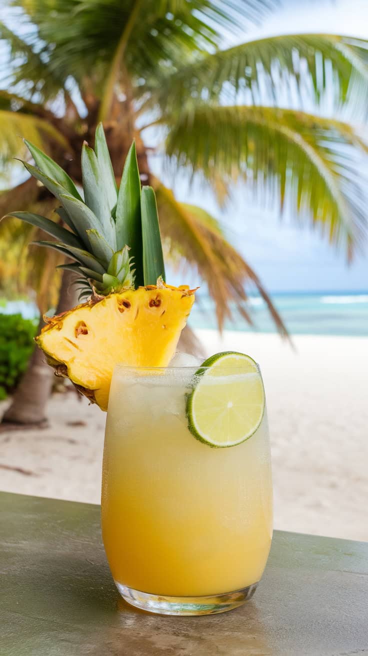 A Pineapple Daiquiri cocktail garnished with a slice of pineapple and lime, with a beach backdrop.