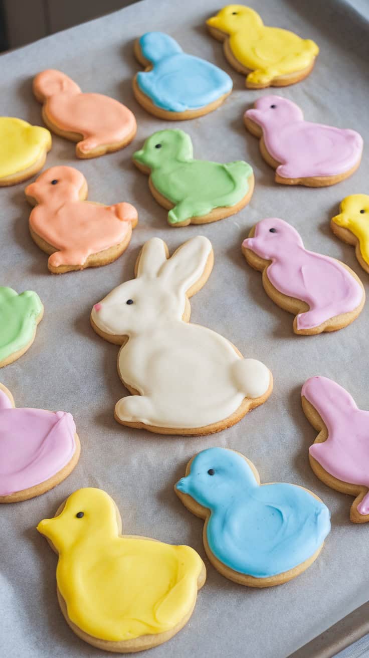 Colorful vegan Easter sugar cookies shaped like bunnies and chicks.
