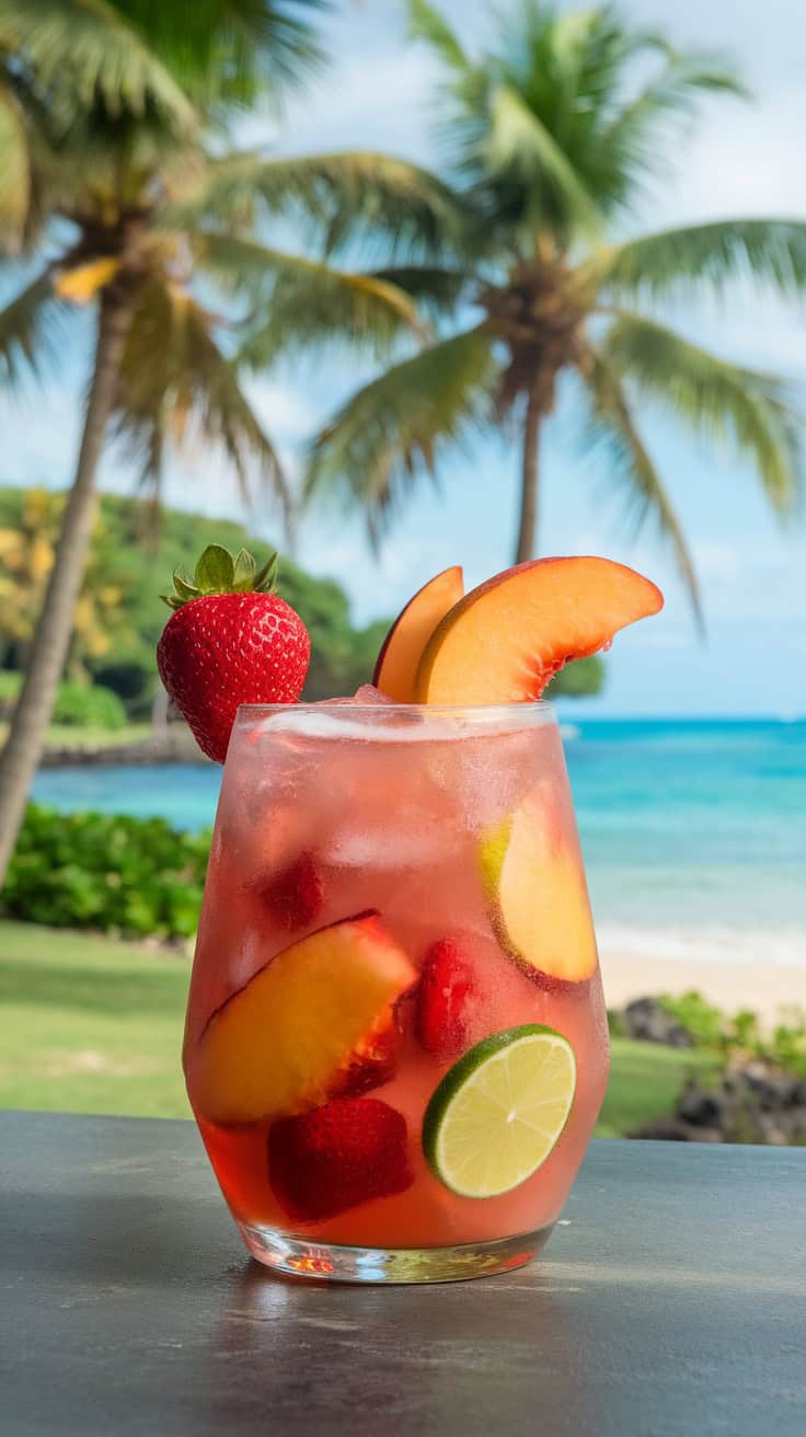 A refreshing Strawberry Peach Daiquiri garnished with a strawberry and peach slice, set against a tropical beach background.