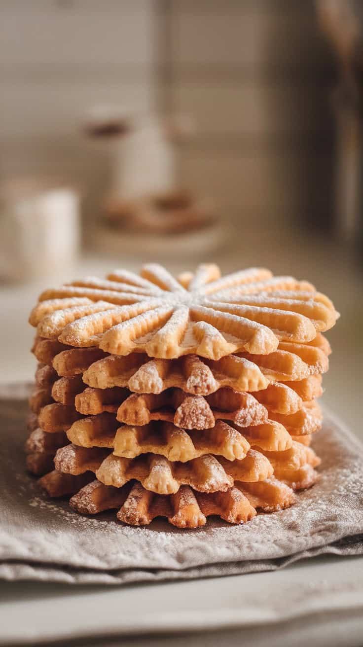 A stack of beautifully shaped pizzelle cookies dusted with powdered sugar.