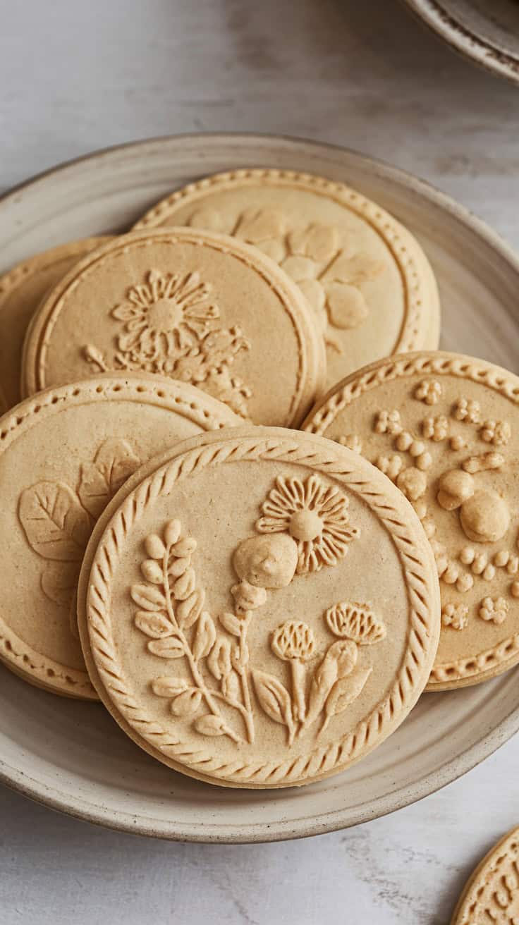 Springerle cookies with floral designs on a plate