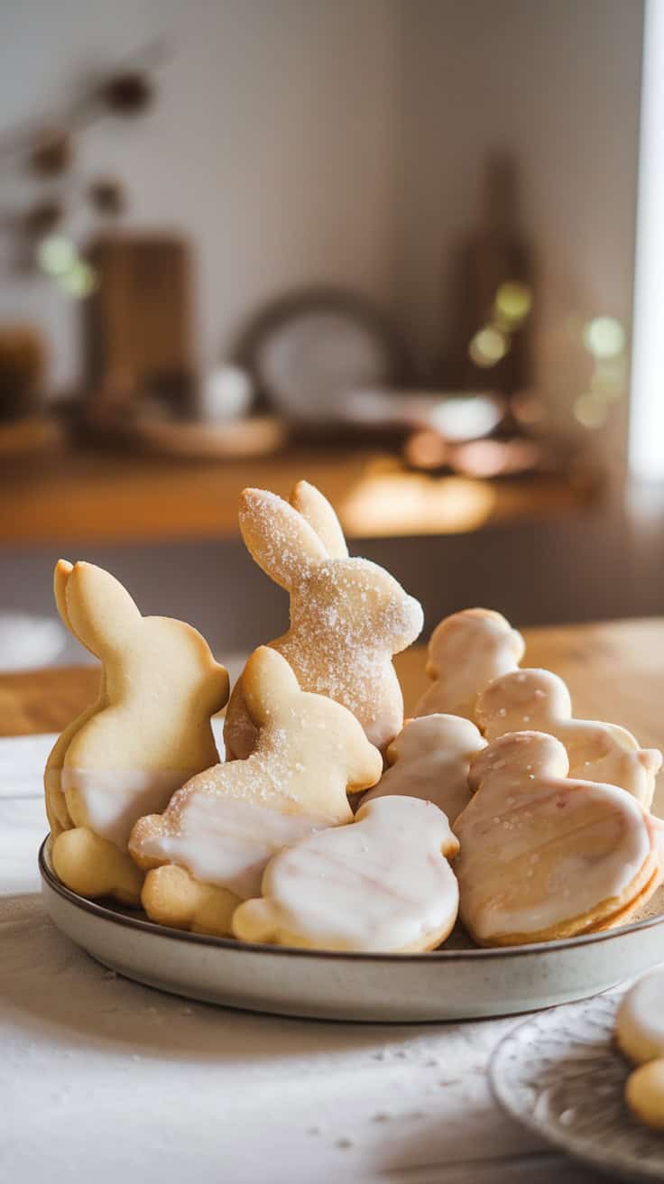 Decorated Easter shortbread cookies in various shapes