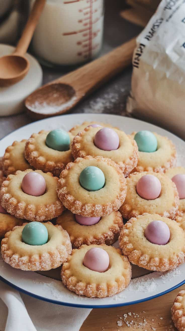 A plate of colorful Easter Blossom Sugar Cookies topped with candy eggs.