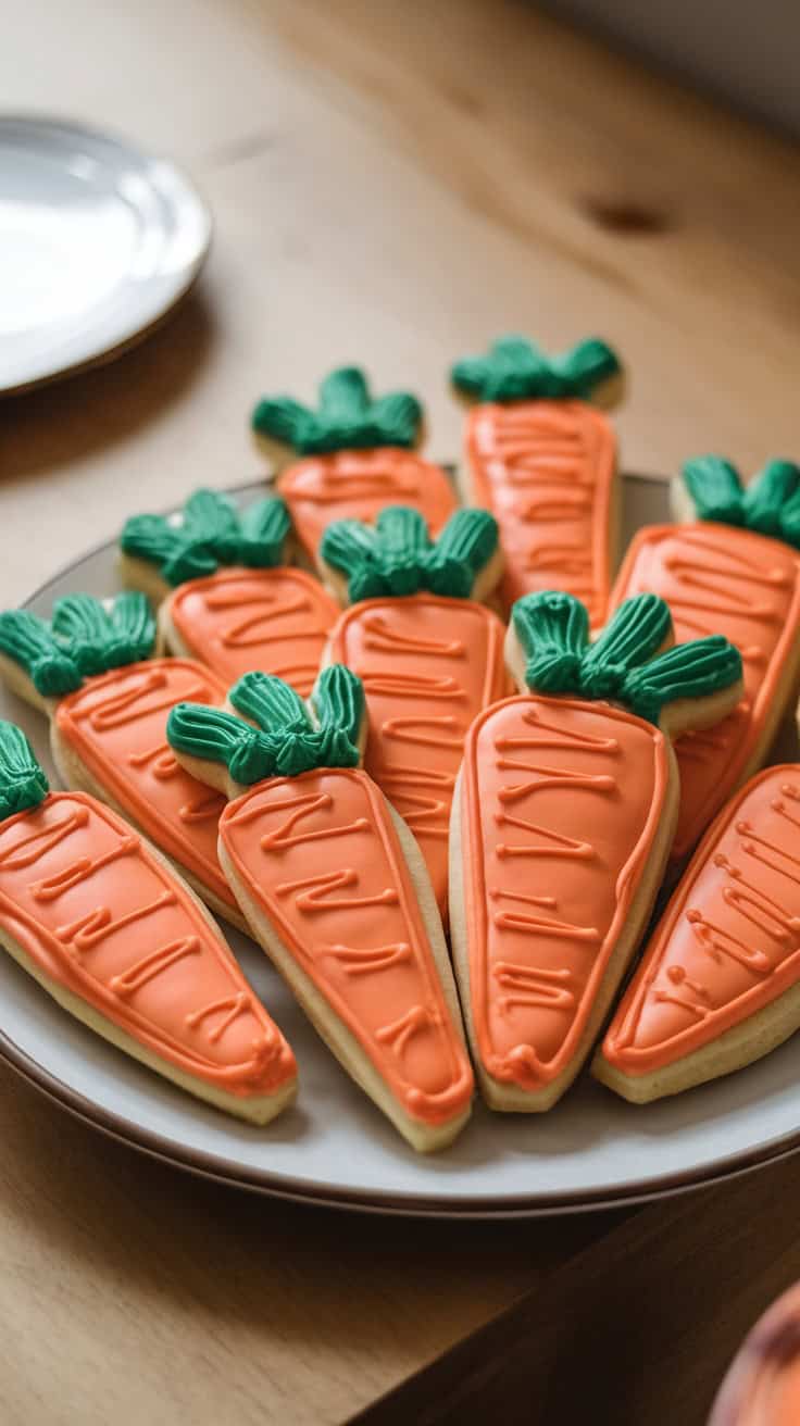 Carrot-shaped sugar cookies decorated with orange and green icing.