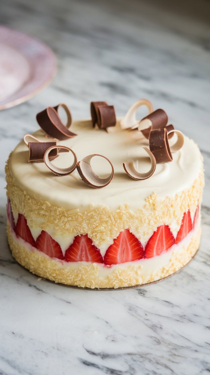 A beautifully layered White Chocolate Strawberry Cake decorated with chocolate curls and fresh strawberries.