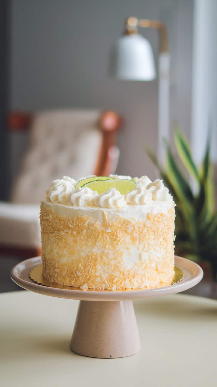 A beautifully decorated Coconut Lime Easter Cake with creamy frosting and toasted coconut garnish.