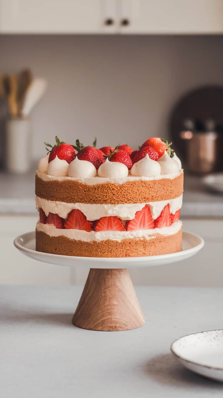 A beautifully layered strawberry shortcake cheesecake topped with fresh strawberries.