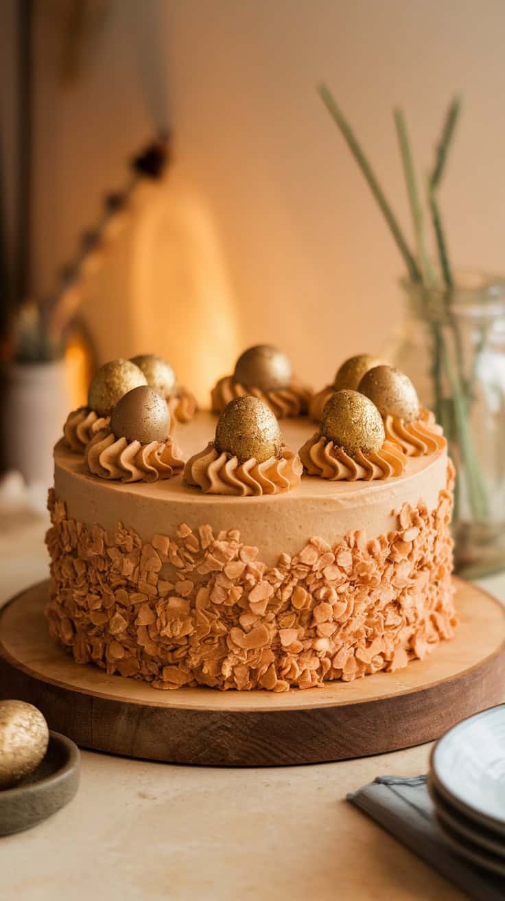 A beautifully decorated Dulce De Leche Easter Cake topped with chocolate eggs.