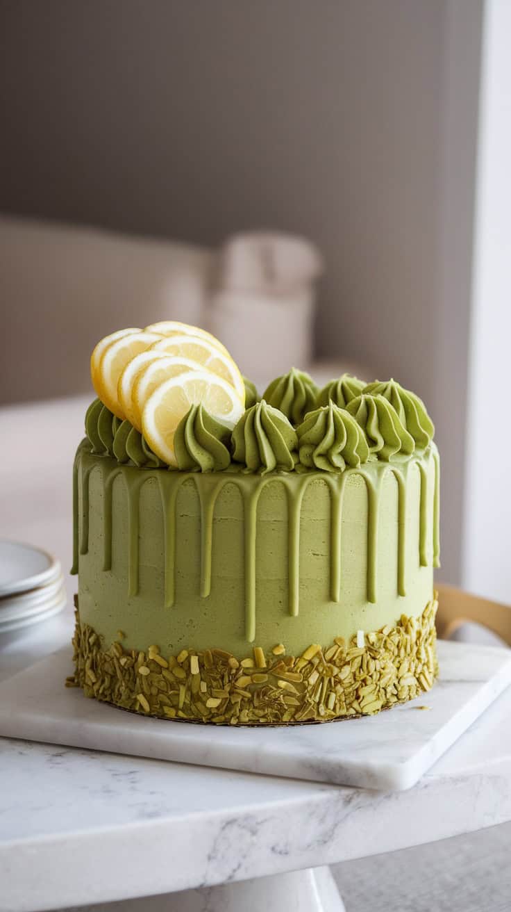 A delightful Matcha Lemon Drizzle Cake with a vibrant green color and lemon slices on top.