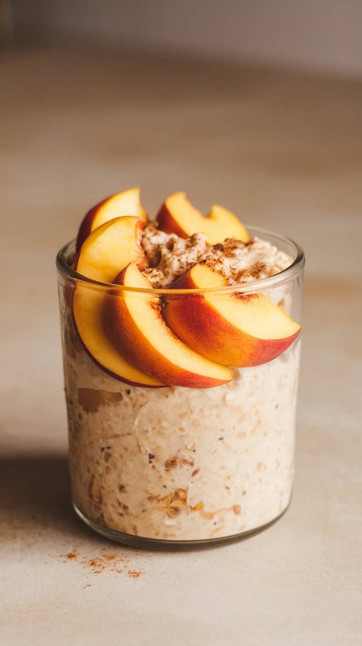 A glass of peach cobbler overnight oats topped with peach slices