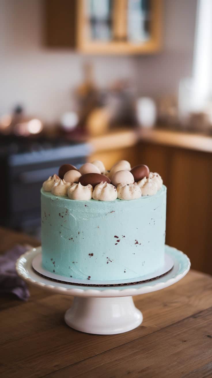 A beautifully decorated blue velvet cake topped with frosting and chocolate eggs.