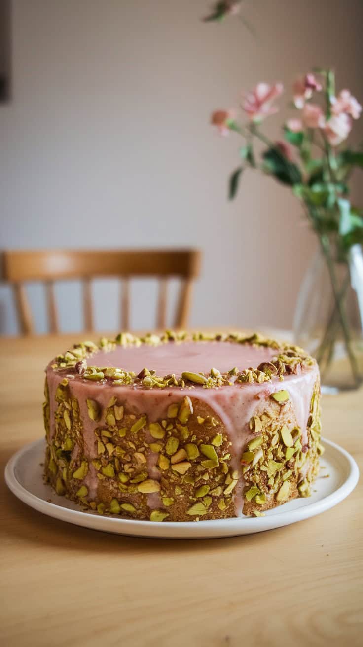 A beautifully decorated pistachio rosewater cake with chopped pistachios on the sides and a rosewater icing on top.