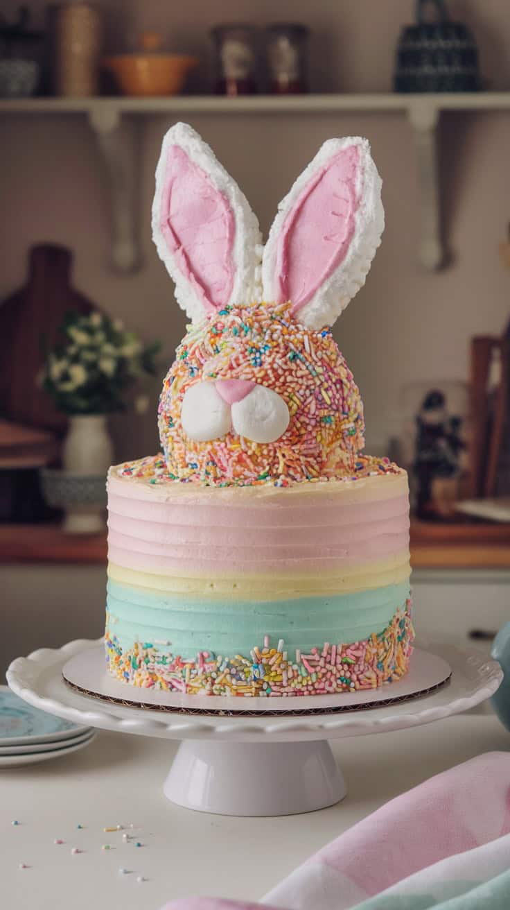 A colorful Funfetti Bunny Cake decorated with pastel colors and sprinkles.