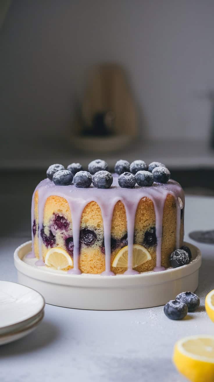 A blueberry lemon drizzle cake with fresh blueberries on top and lemon slices.