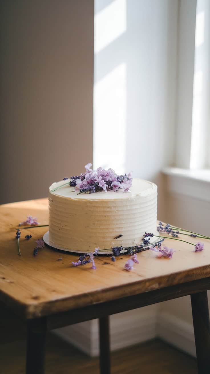 A beautifully decorated Honey Lavender Easter Cake topped with edible flowers.