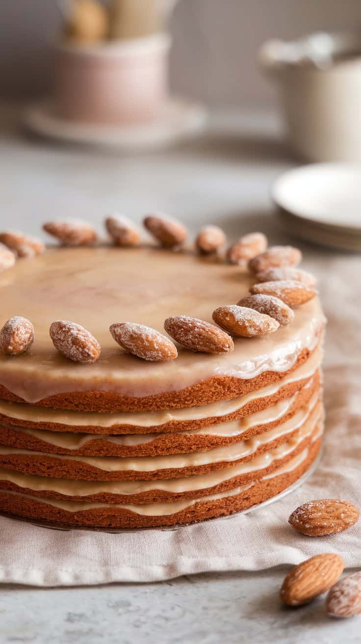 A beautifully layered almond marzipan cake topped with almonds.