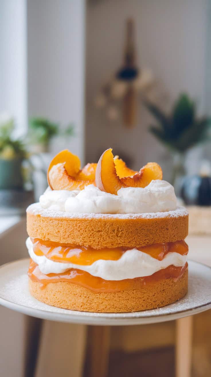 A delicious peach and cream cake with layers of peaches and whipped cream.
