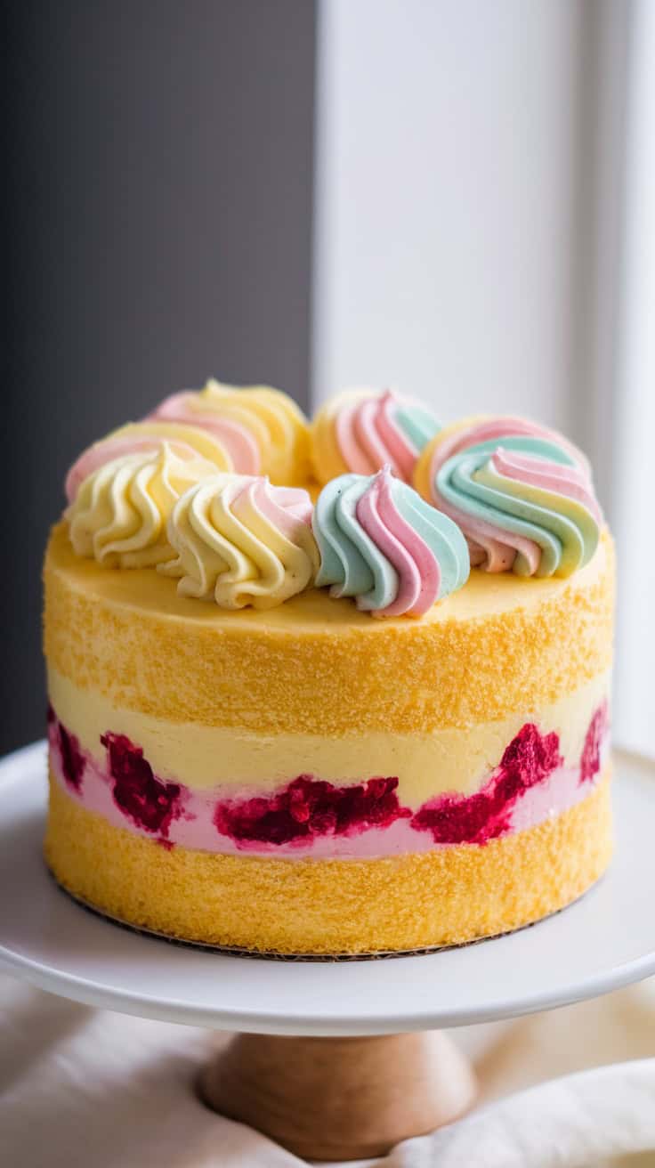 A vibrant Lemon Raspberry Easter Cake decorated with colorful swirls of frosting and fresh raspberries.