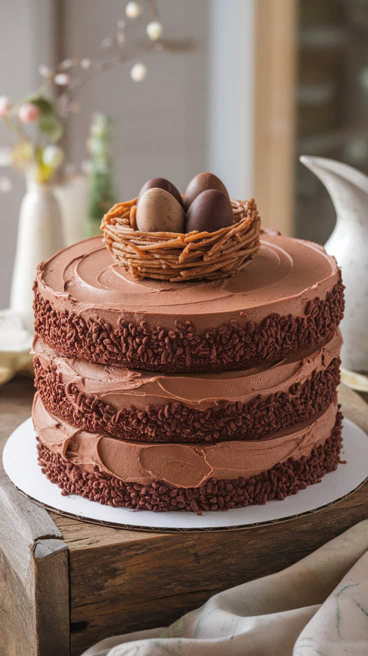 Chocolate Hazelnut Nest Cake with decorative chocolate eggs
