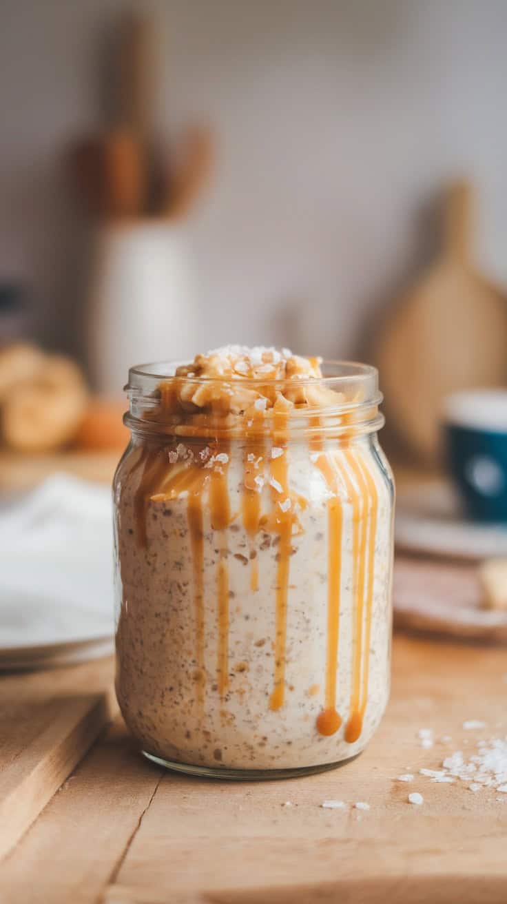 A jar of caramel macchiato overnight oats with a drizzle of caramel on top.
