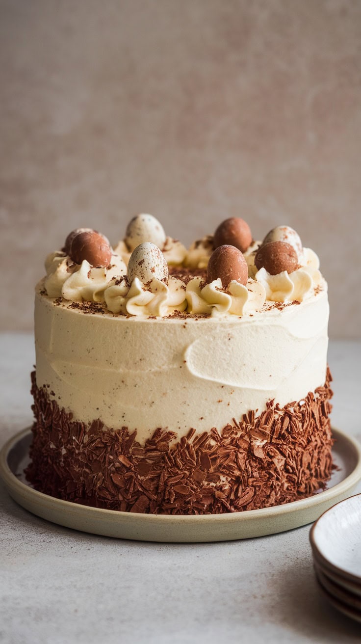 A beautifully decorated speckled egg malt cake for Easter.