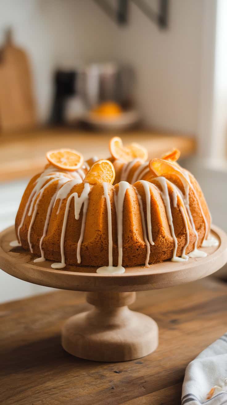 A beautifully presented orange blossom bundt cake with a drizzle of glaze and orange slices on top.