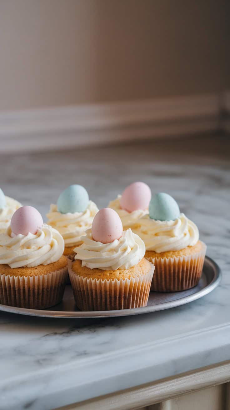 A platter of mini egg cheesecake cupcakes decorated with pastel mini eggs.