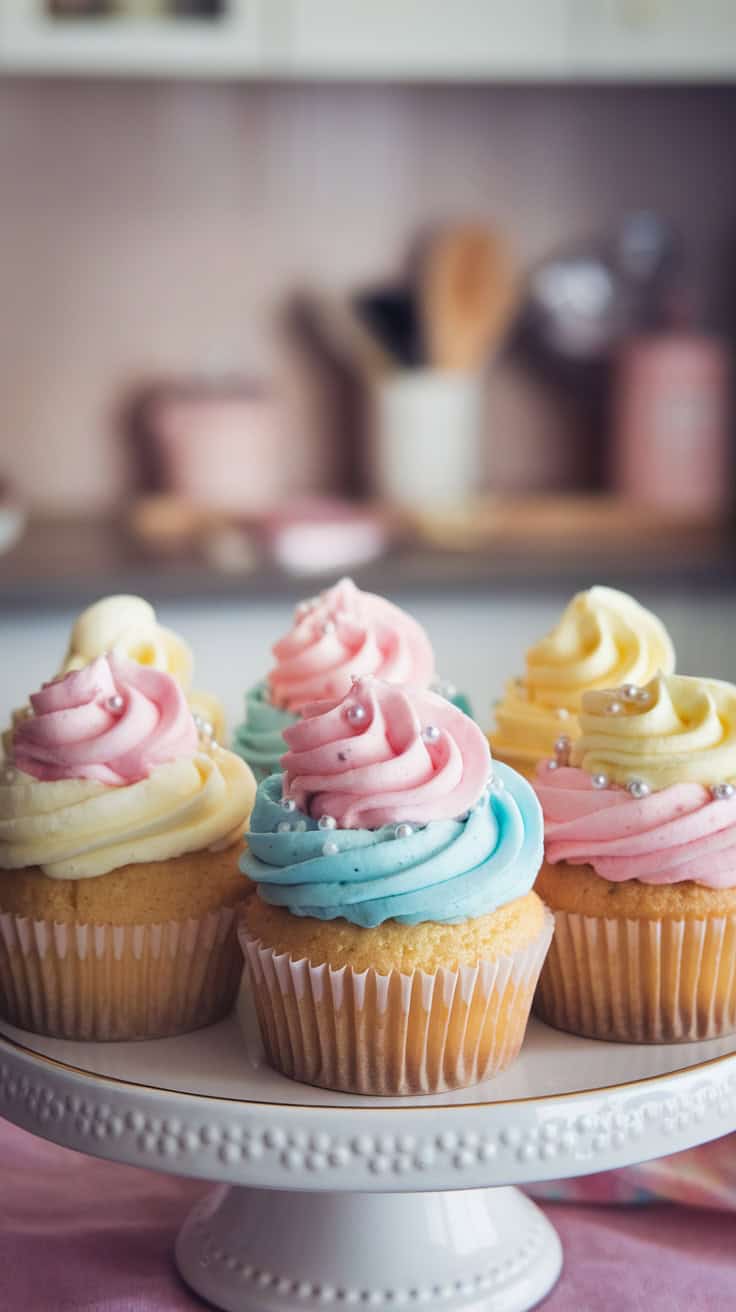 Colorful pastel swirl cupcakes with decorative frosting.