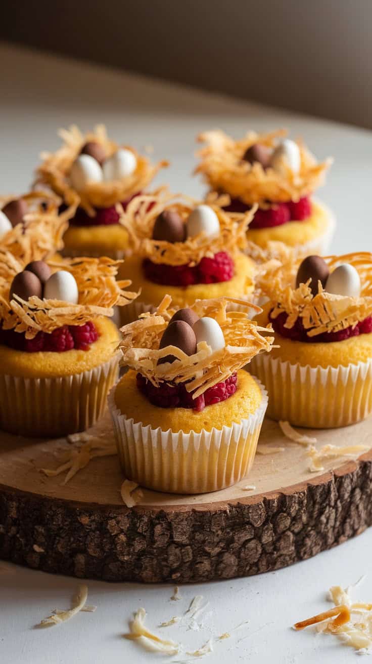 Lemon Raspberry Nest Cupcakes topped with coconut and chocolate eggs, perfect for Easter.