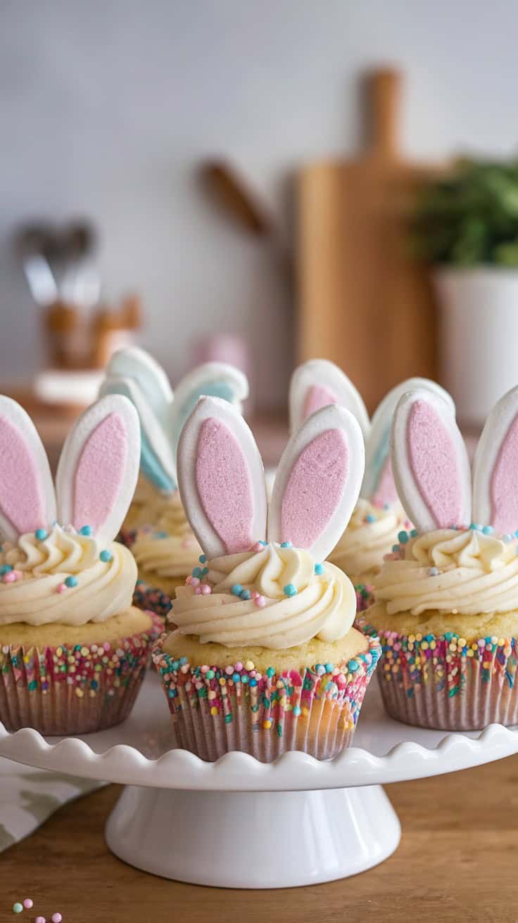Colorful Funfetti Bunny Cupcakes topped with sprinkles and bunny ears.