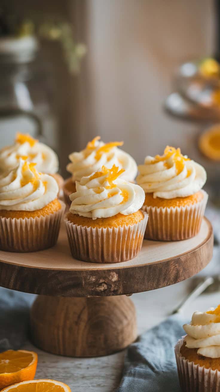 Orange Blossom Easter Cupcakes decorated with cream cheese frosting and orange zest