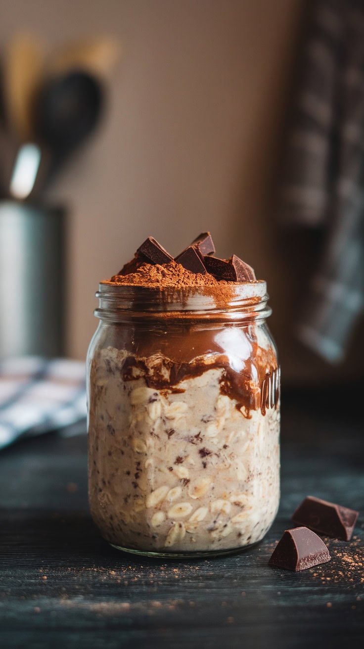 A jar of brownie batter overnight oats topped with chocolate pieces and cocoa powder.