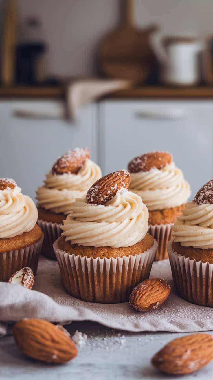 Delicious almond marzipan cupcakes topped with creamy frosting and garnished with almonds.