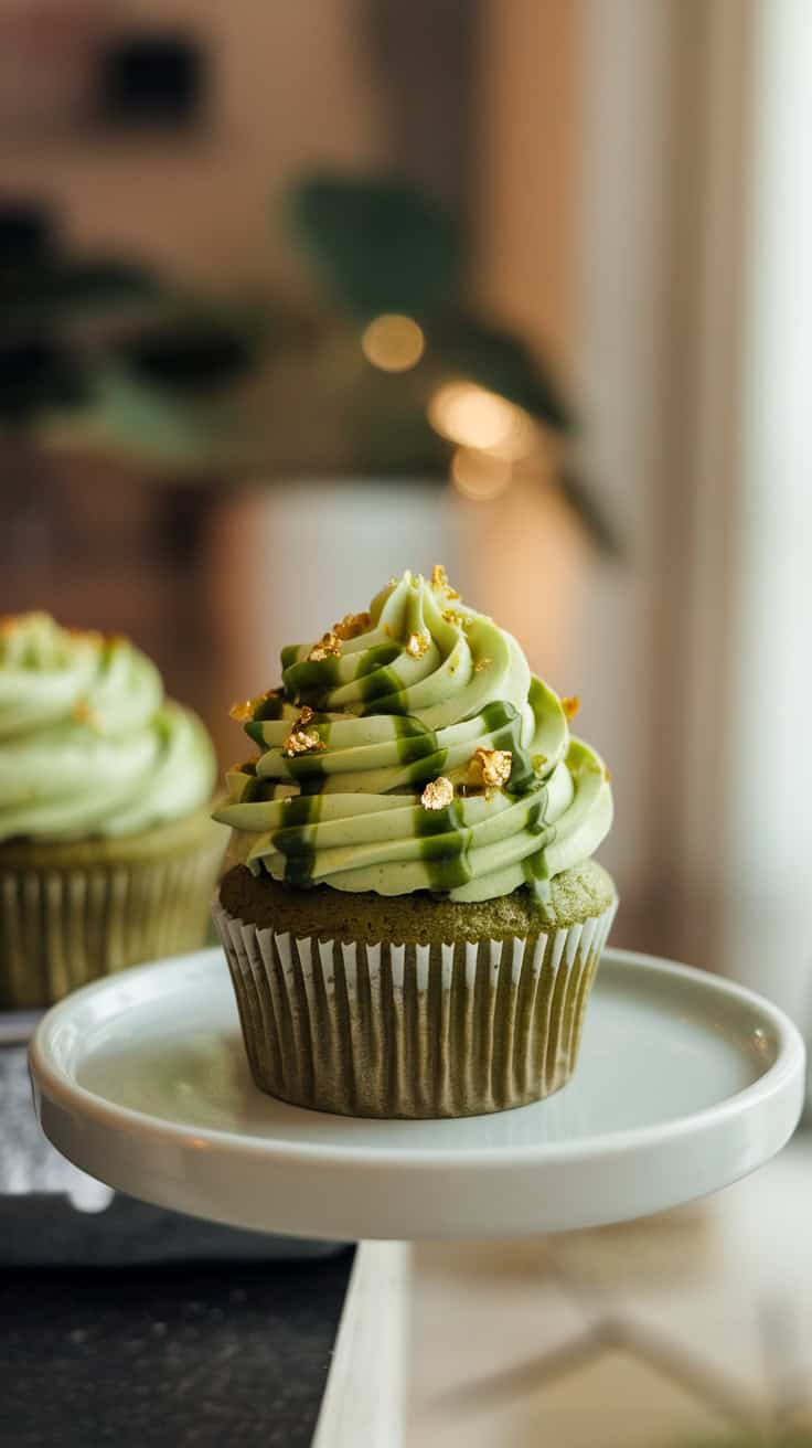 Matcha lemon cupcakes with green frosting and gold accents