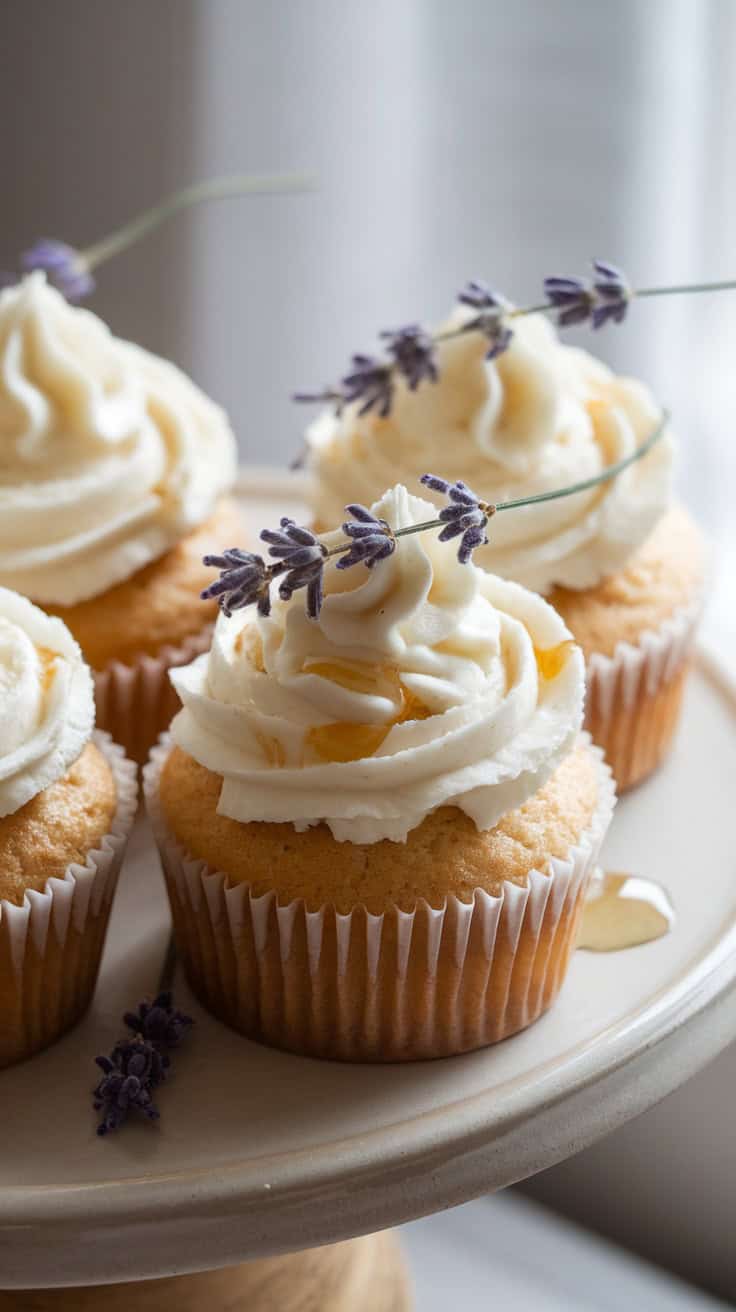 Lavender honey cupcakes topped with icing and lavender sprigs