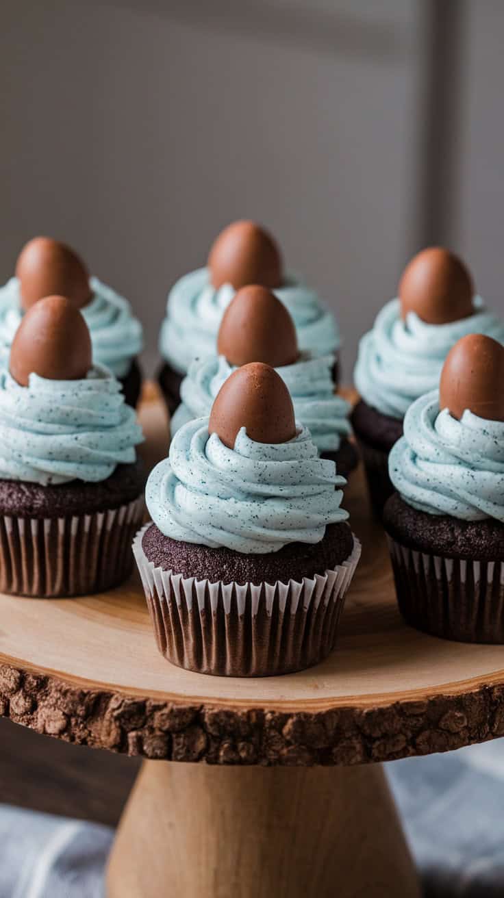 A display of Robin's Egg Cupcakes topped with blue frosting and chocolate eggs.