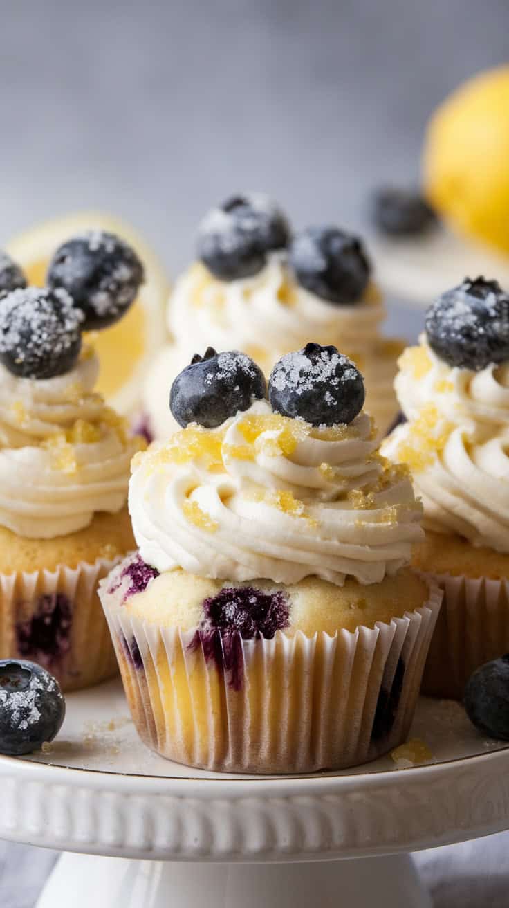 Delicious Blueberry Lemon Easter Cupcakes with frosting and blueberries on top